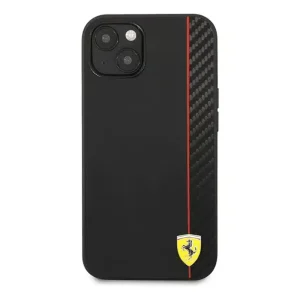 FERRARI - iPhone 13 HARD CASE PU SMOOTH AND CARBON EFFECT VERTICAL STRIPE METAL LOGO BLACK