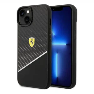 FERRARI - iPhone 14 BIMATERIAL CASE CARBON AND POLYCARBONATE WITH SILVER STRIPE - BLACK