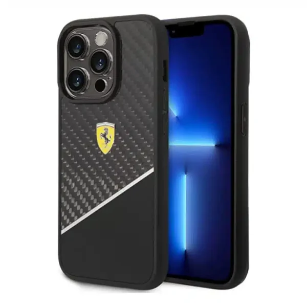 FERRARI - iPhone 14 BIMATERIAL CASE CARBON AND POLYCARBONATE WITH SILVER STRIPE - BLACK