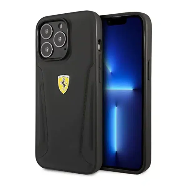 FERRARI - iPhone 14 Pro LEATHER CASE HOT STAMPED SIDES AND YELLOW SHIELD LOGO - BLACK