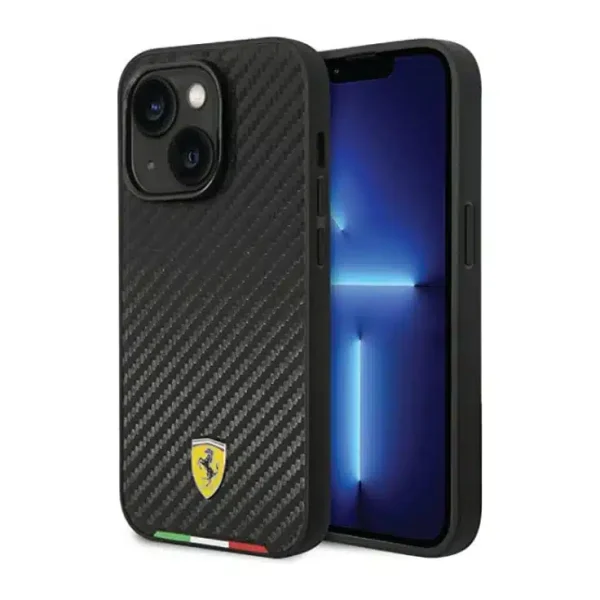 FERRARI - iPhone 14 Plus HARD CASE PU CARBON EFFECT & ITALIAN FLAG LINE METAL LOGO - BLACK
