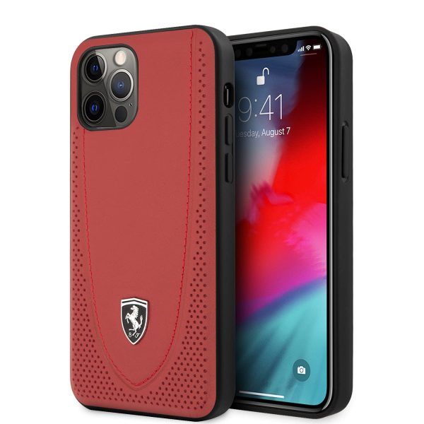 GENUINE LEATHER iPhone 12/12 Pro RED PERFORATED OFF TRACK WITH CURVED LINE STITCHED - FERRARI