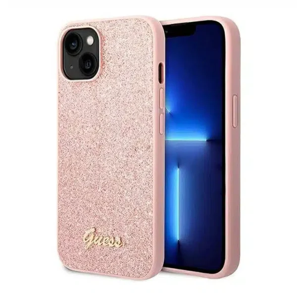 GUESS - iPhone 14 Plus PC/TPU GLITTER FLAKES CASE SCRIPT METAL LOGO - PINK