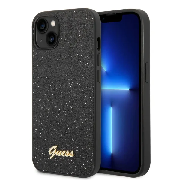 GUESS - iPhone 14 Plus PC_PU GLITTER FLAKES CASE SCRIPT METAL LOGO - BLACK