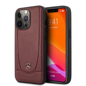Mercedes - iPhone 14 Pro Max Genuine Leather Hard Case - Smooth Leather, Perforations And Metal Star Logo - Bengale Red