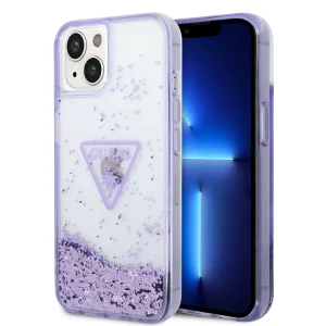 iPhone 14 Guess Liquid Glitter Case Translucent Triangle Logo - Purple