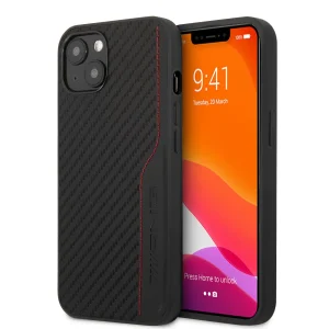 AMG iPhone 14 Black Case: PU Carbon Leather Red Stitching Line Hot Stamped Logo