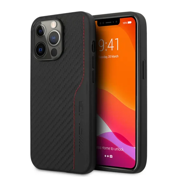 AMG iPhone 14 Pro Max Black Case, PU Carbon Leather Red Stitching Line Hot Stamped Logo