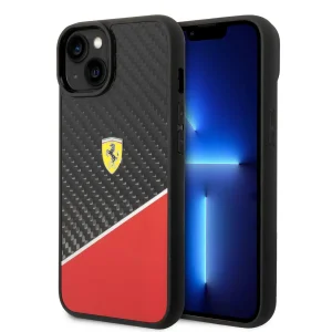 Ferrari iPhone 14 Case: Red Bimaterial with Carbon & Polycarbonate, Silver Stripe