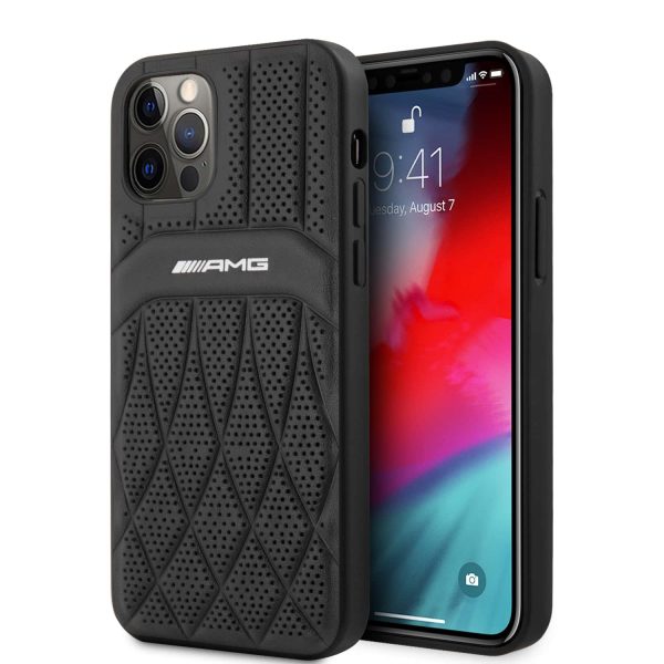 AMG Genuine iPhone 12 Pro Max Leather Case Perforated Black, Debossed Lines, Hot Stamped Logo - Black