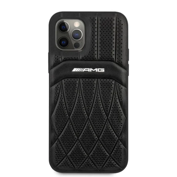 AMG Genuine iPhone 12_12 Pro Leather Case - Perforated Black, Debossed Lines, Hot Stamped Logo - Black